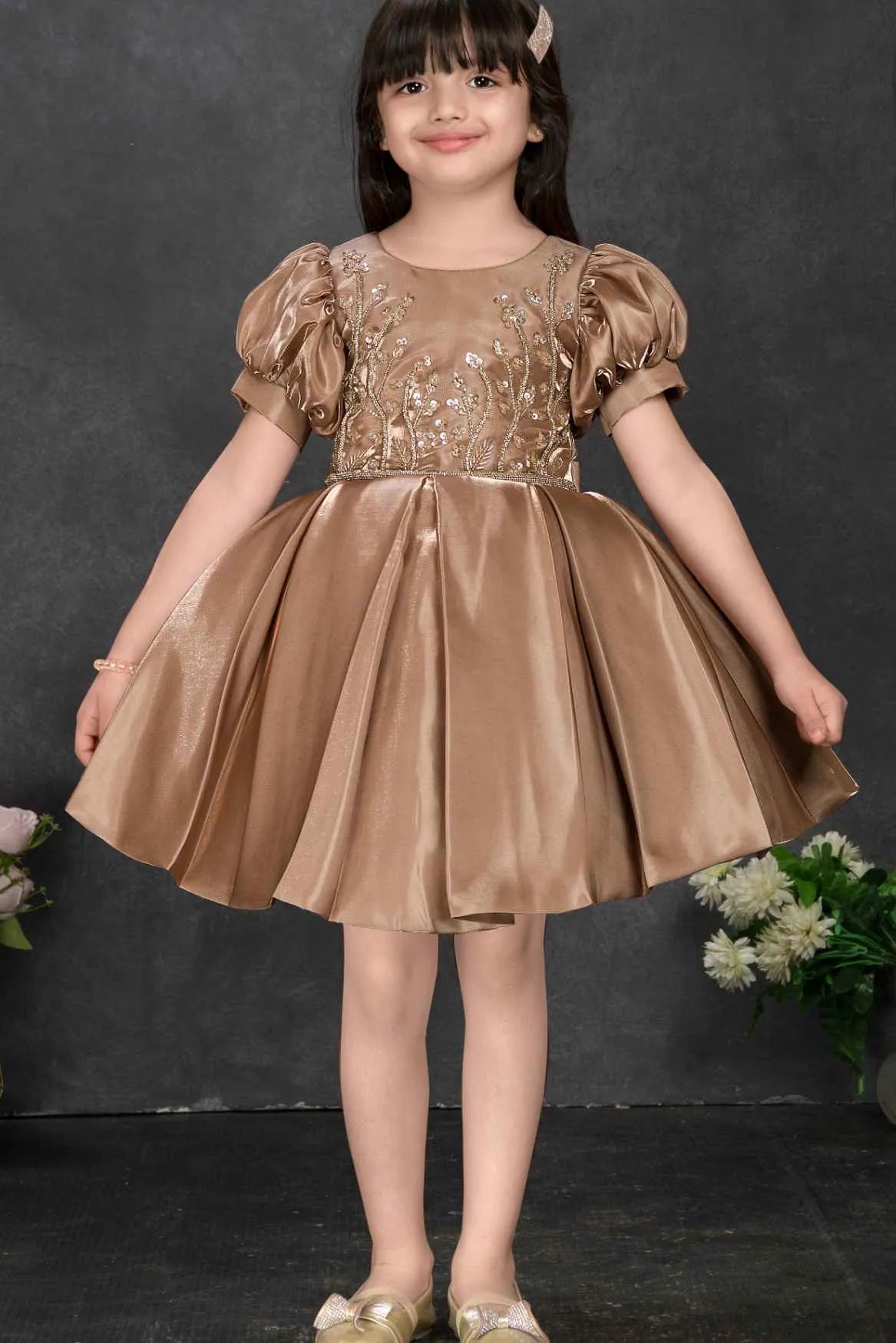 Bronze Embroidered Party Frock With Puff Sleeves For Girls
