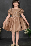 Bronze Embroidered Party Frock With Puff Sleeves For Girls