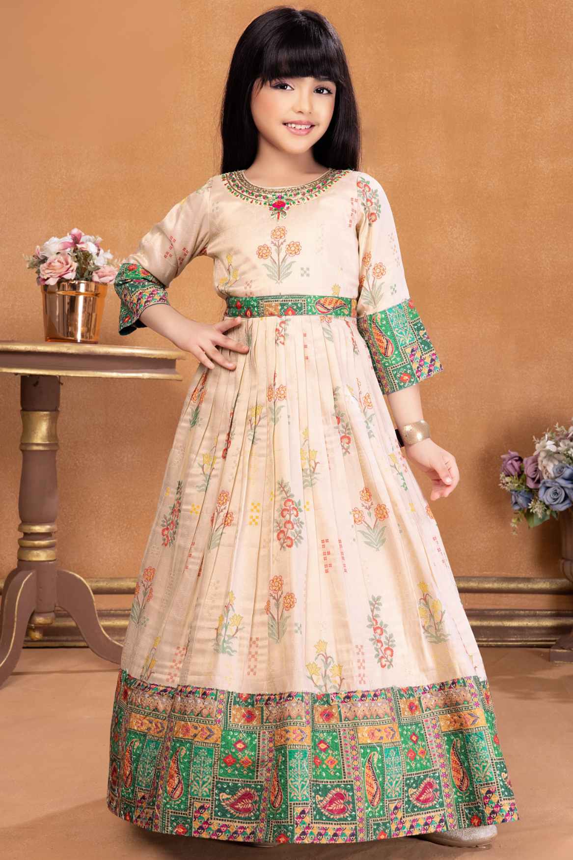 Designer Beige And Green Floral Printed Ethnic Gown With Multicolor Borders For Girls 5-6Y(24) Designer Beige And Green Floral Printed Ethnic Gown With Multicolor Borders For Girls 5-6Y(24)