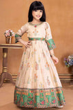 Designer Beige And Green Floral Printed Ethnic Gown With Multicolor Borders For Girls