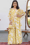 Mustard Printed Co Ord Set With Crop Top With Potli Bag For Girls