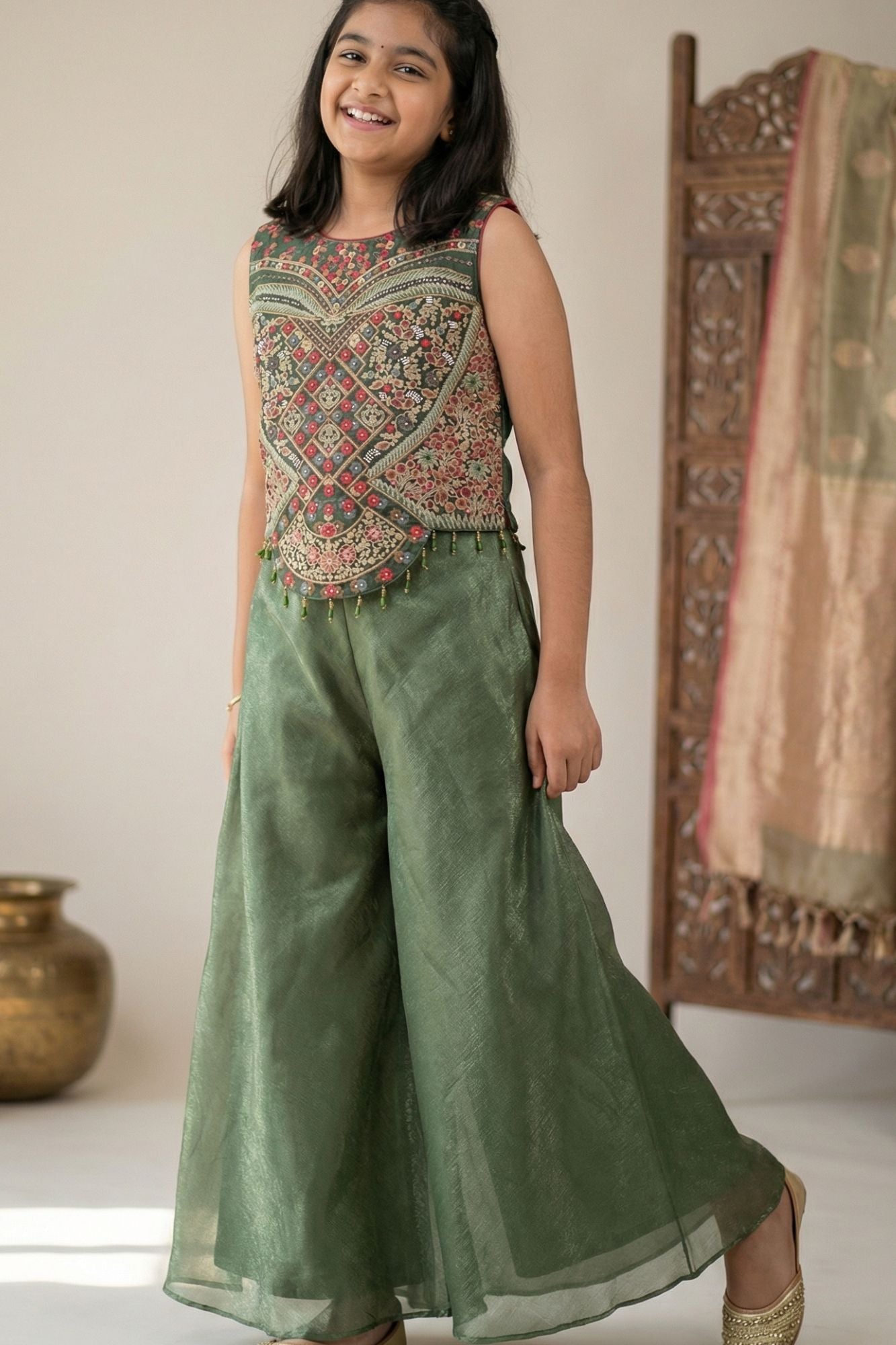Olive Green Palazzo Set with Heavy Multicolor Embroidered Top For Girls