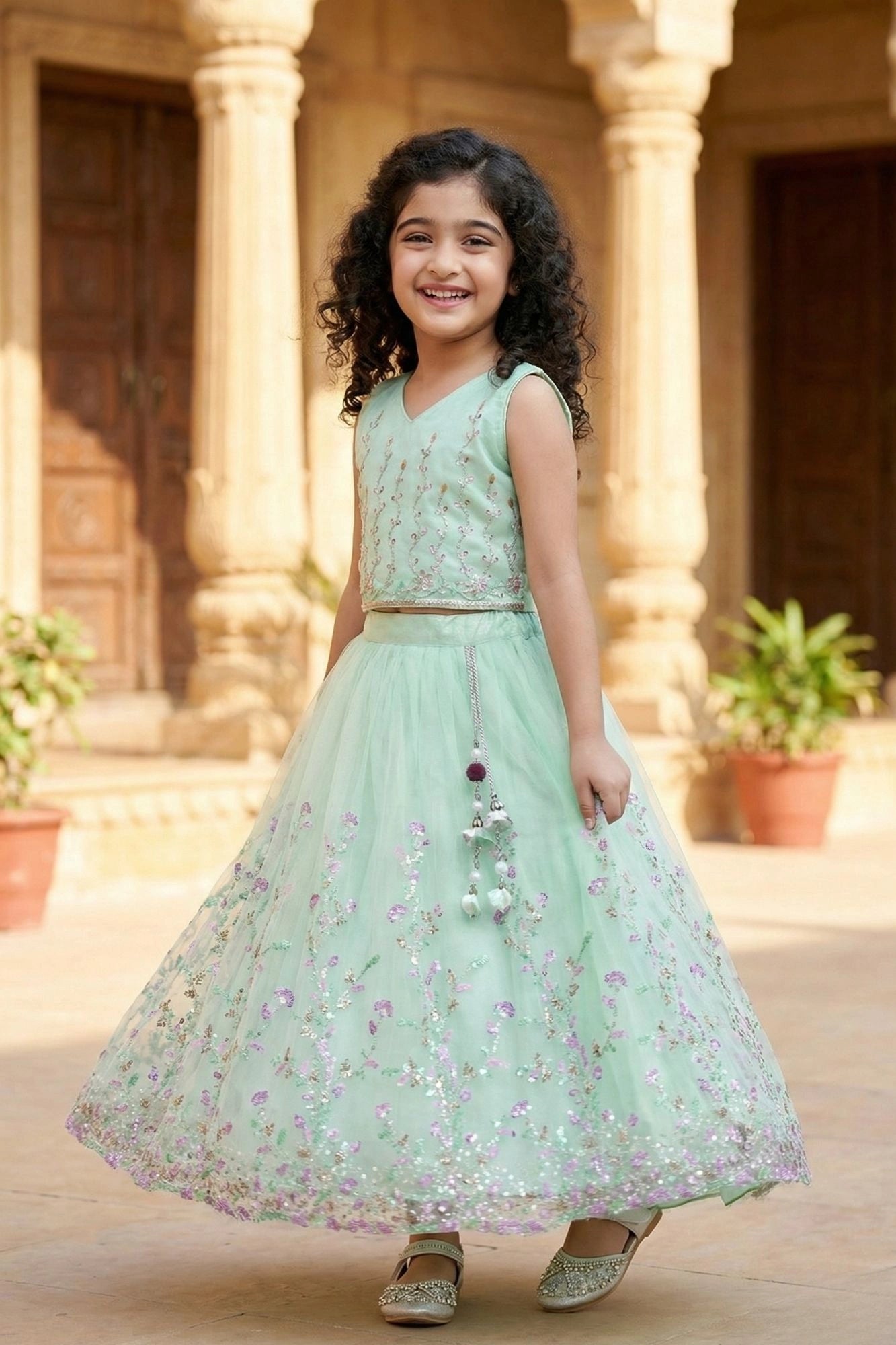 Mint Green Sequins Embroidered Lehenga Choli Set For Girls