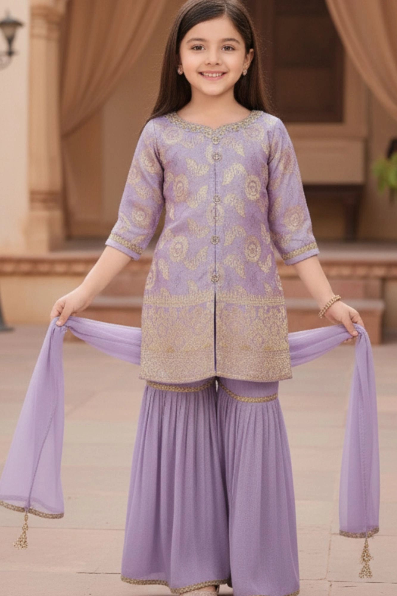 Lavender Embroidered Sharara Set With Dupatta For Girls