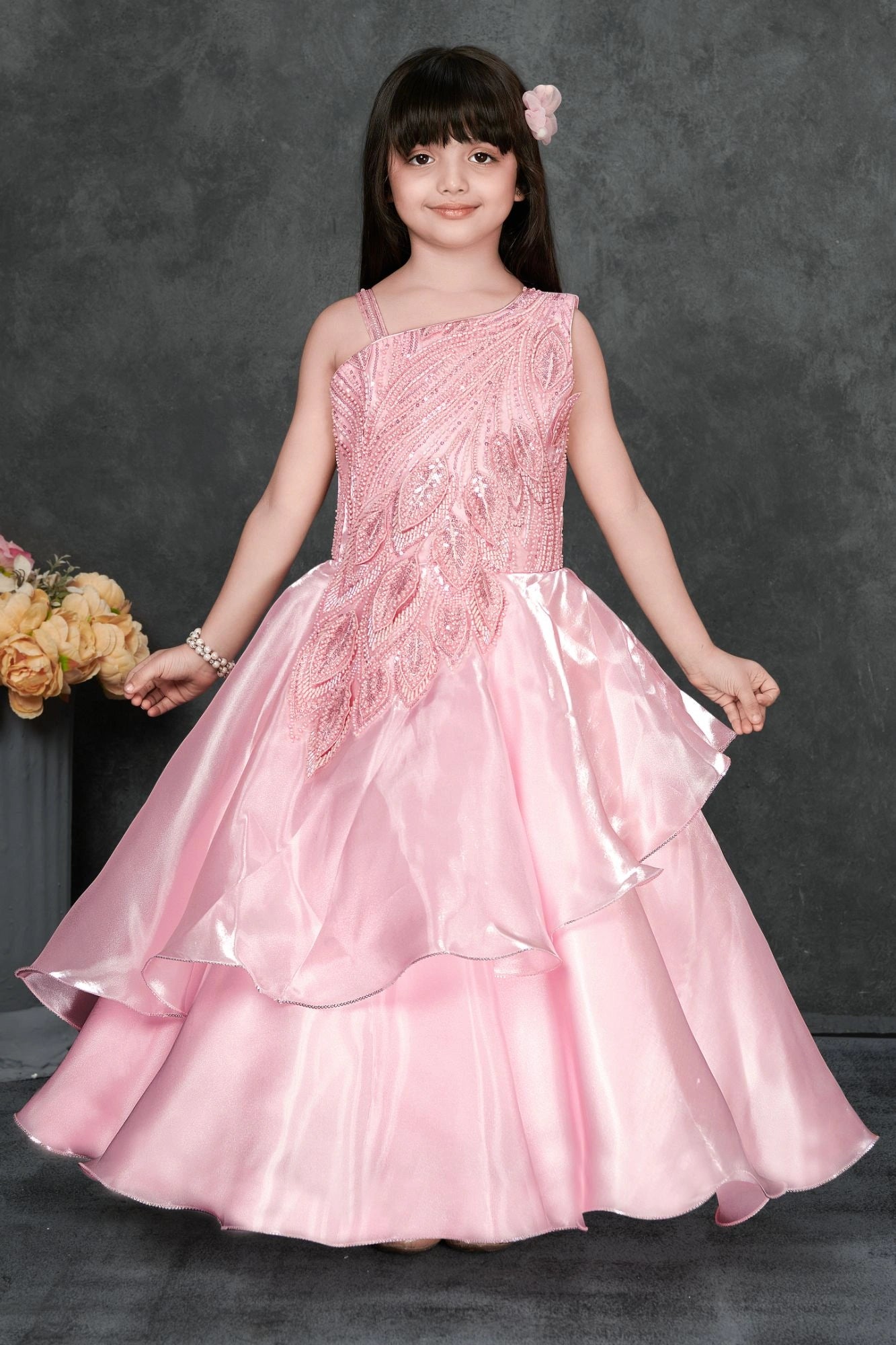 Pink Layered Organza Party Gown with Asymmetric Sequin Embroidery For Girls