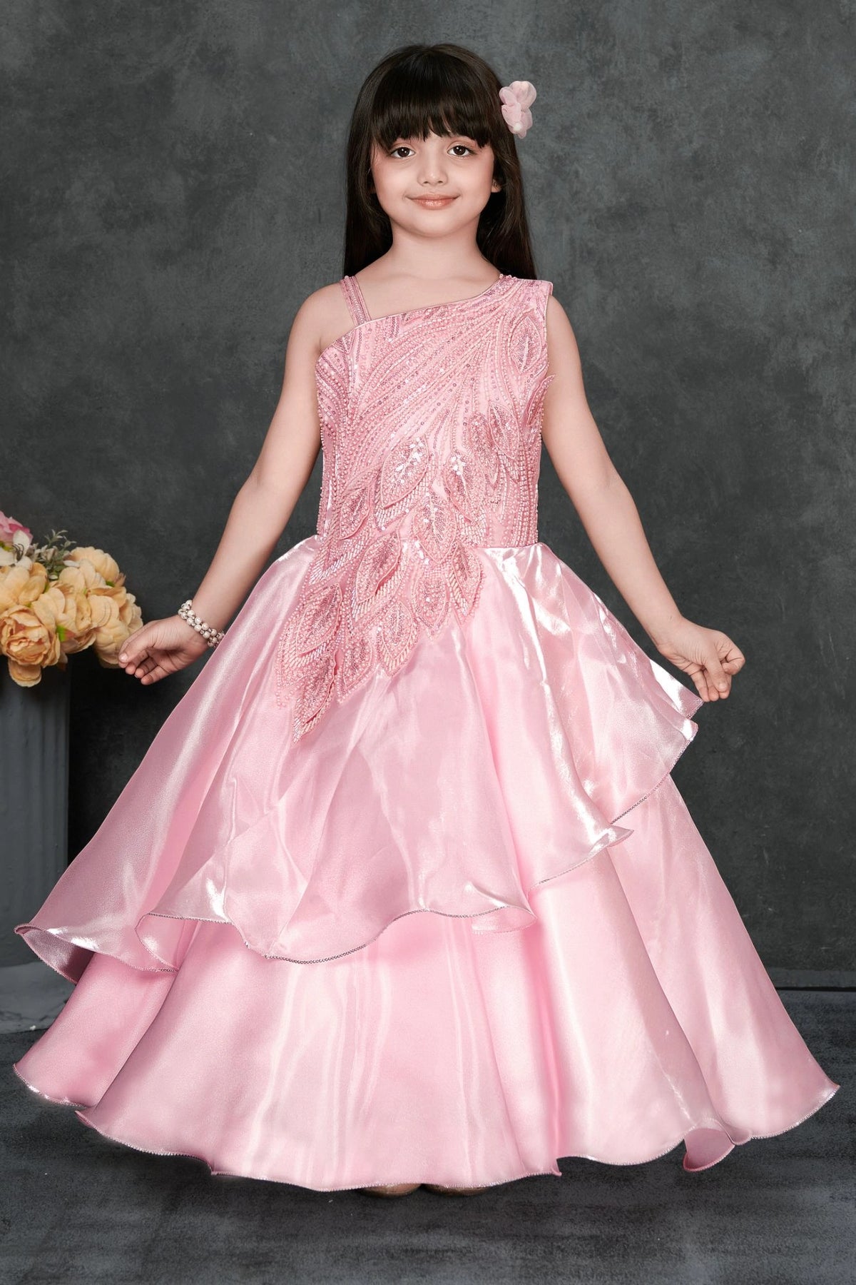 Pink Layered Organza Party Gown with Asymmetric Sequin Embroidery For Girls
