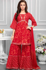 Red Printed And Embroidery Sharara Set For Girls