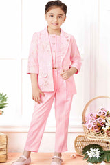 Stylish Pink Co Ord Set With Overcoat For Girls