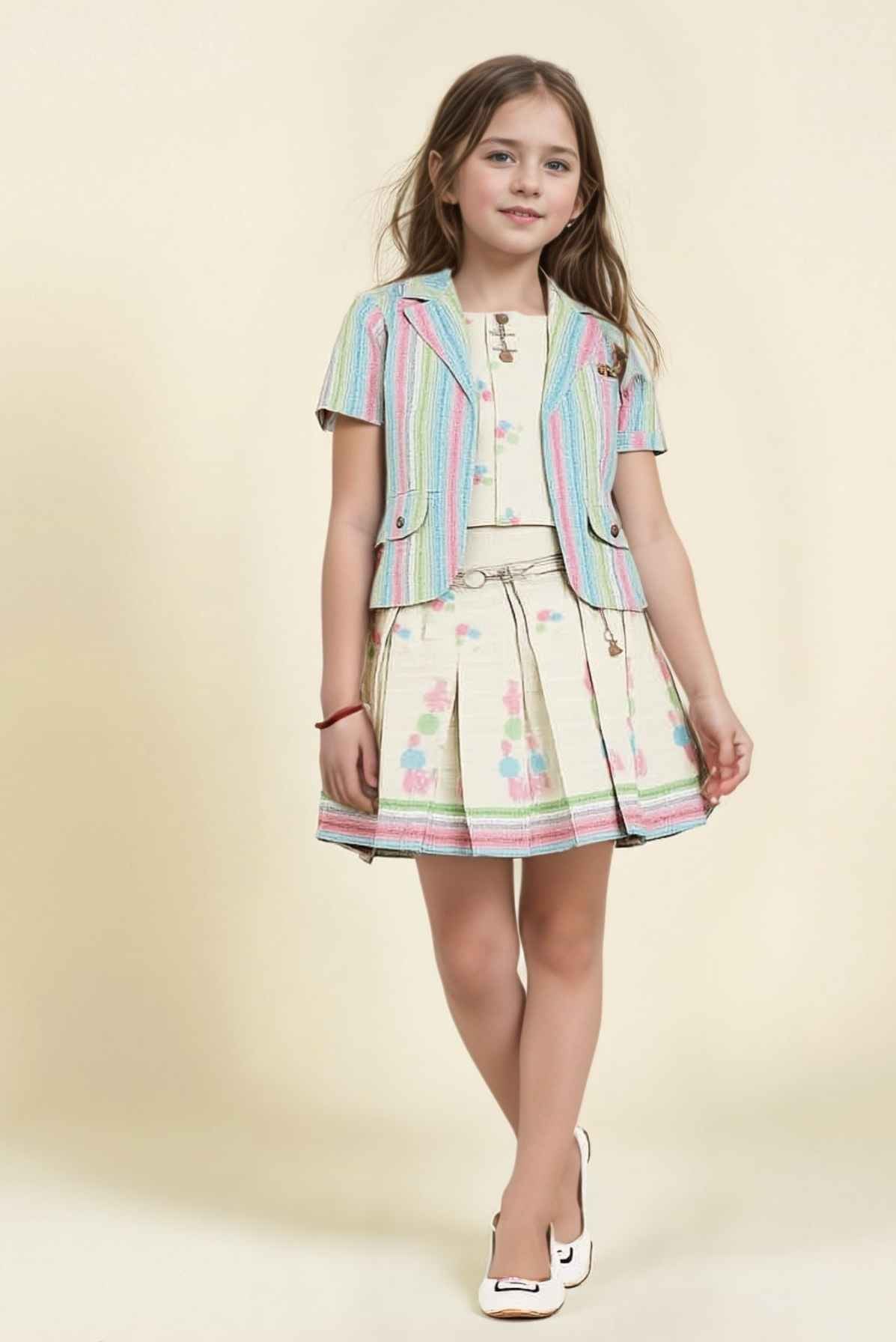 Multicolor Top And Pleated Skirt  Set With Striped Overcoat For Girls