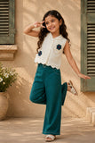 Girls Off-White And Dark Green Floral Embroidered Co-Ord Set with Wide Leg Pants