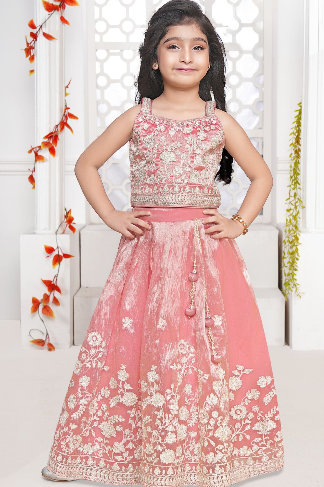 Pink Floral Embroidered Lehenga Choli Set With Floral Detailing For Girls