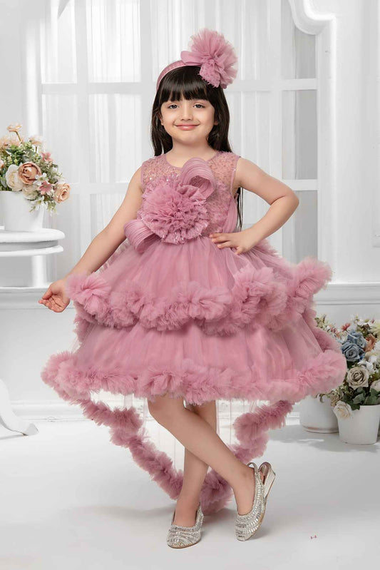 Onion Pink Sleeveless And Sequins Work With Floral Embellished Tail Back Frock For Girls