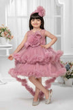 Onion Pink Sleeveless And Sequins Work With Floral Embellished Tail Back Frock For Girls