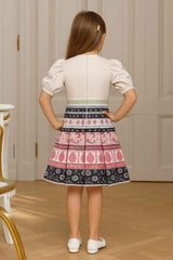 Stylish Beige And Pink Printed Frock With Sling Bag For Girls