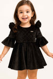 Black Velvet Party Wear Frock With Puff Sleeves For Girls