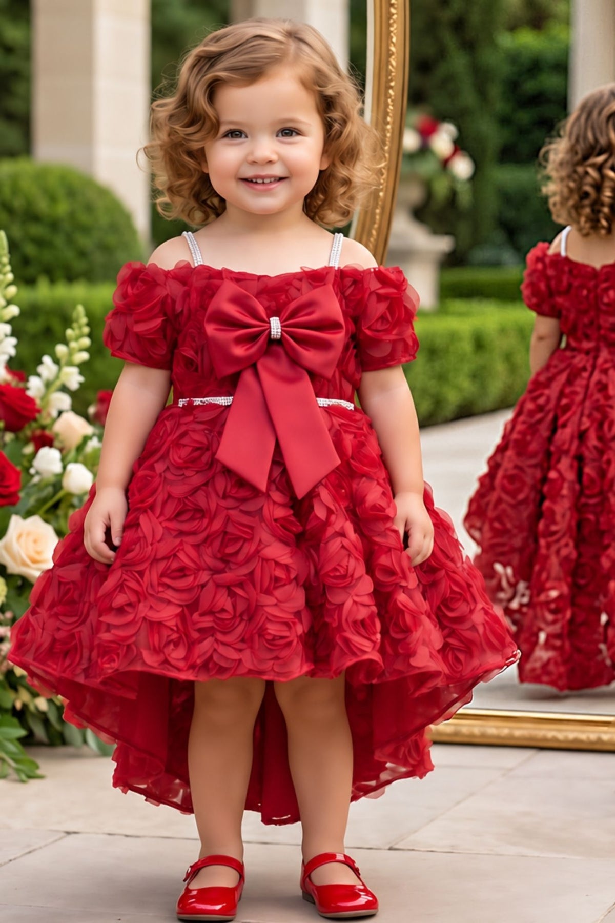 Girls Red 3D Floral Net High-Low Party Frock With Statement Bow