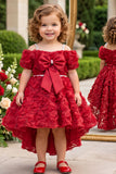 Girls Red 3D Floral Net High-Low Party Frock With Statement Bow