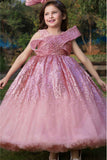 Onion Pink Sequin Ball Gown With Crossover Bow For Girlss
