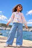 Floral Top with Wide-Leg Denim Jeans Set For Girls