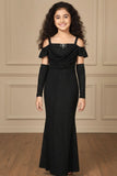 Black Glitter Cold-Shoulder Mermaid Gown with Matching Arm Sleeves For Girls