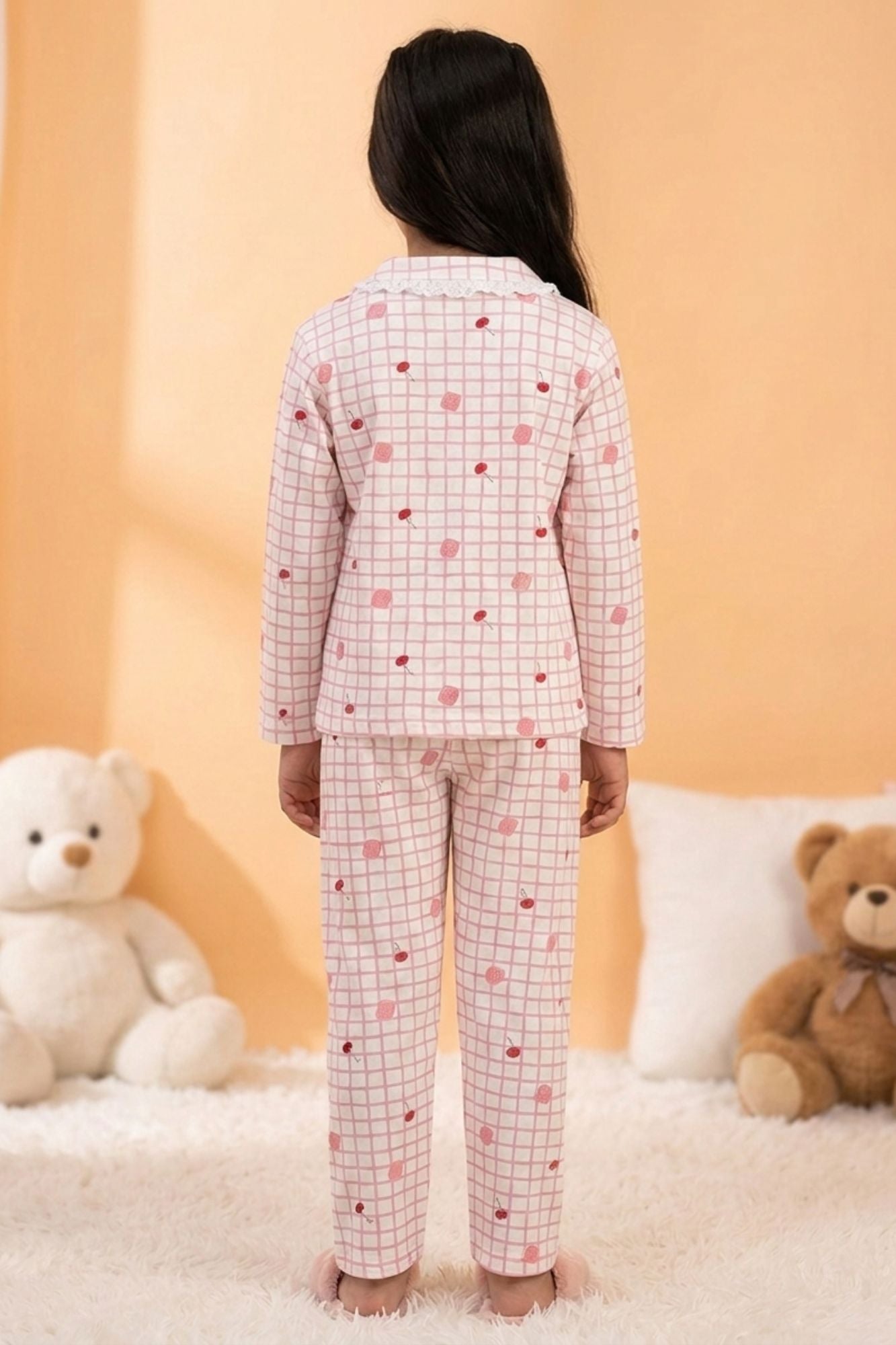 Girls Pink Checked Night Suit Set with Lace Collar