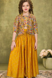 Mustard Yellow Printed Palazzo Set with Multicolor Jacket For Girls