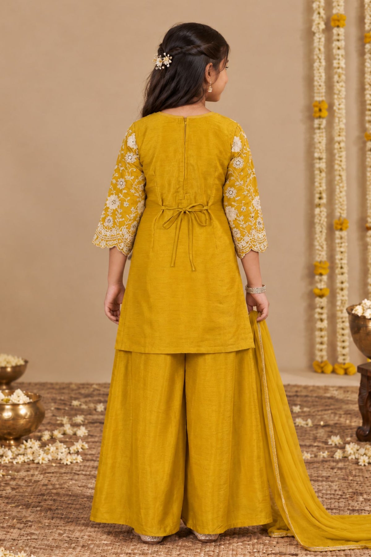 Mustard Yellow Zari Embroidered Palazzo Set For Girls