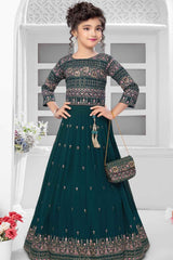 Rama Green Sequin And Embroidery Work Lehenga Choli For Girls