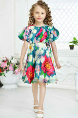 Organza Multicolor Floral Printed Frock For Girls