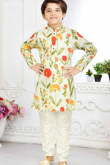 Cream Floral Printed Kurta Set For Boys