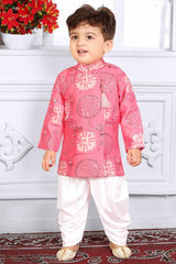 Peach Full Sleeves And Sequins Work With Printed Kurta Set For Boys