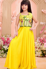 Bright Yellow Bead Embroidered Palazzo Set For Girls