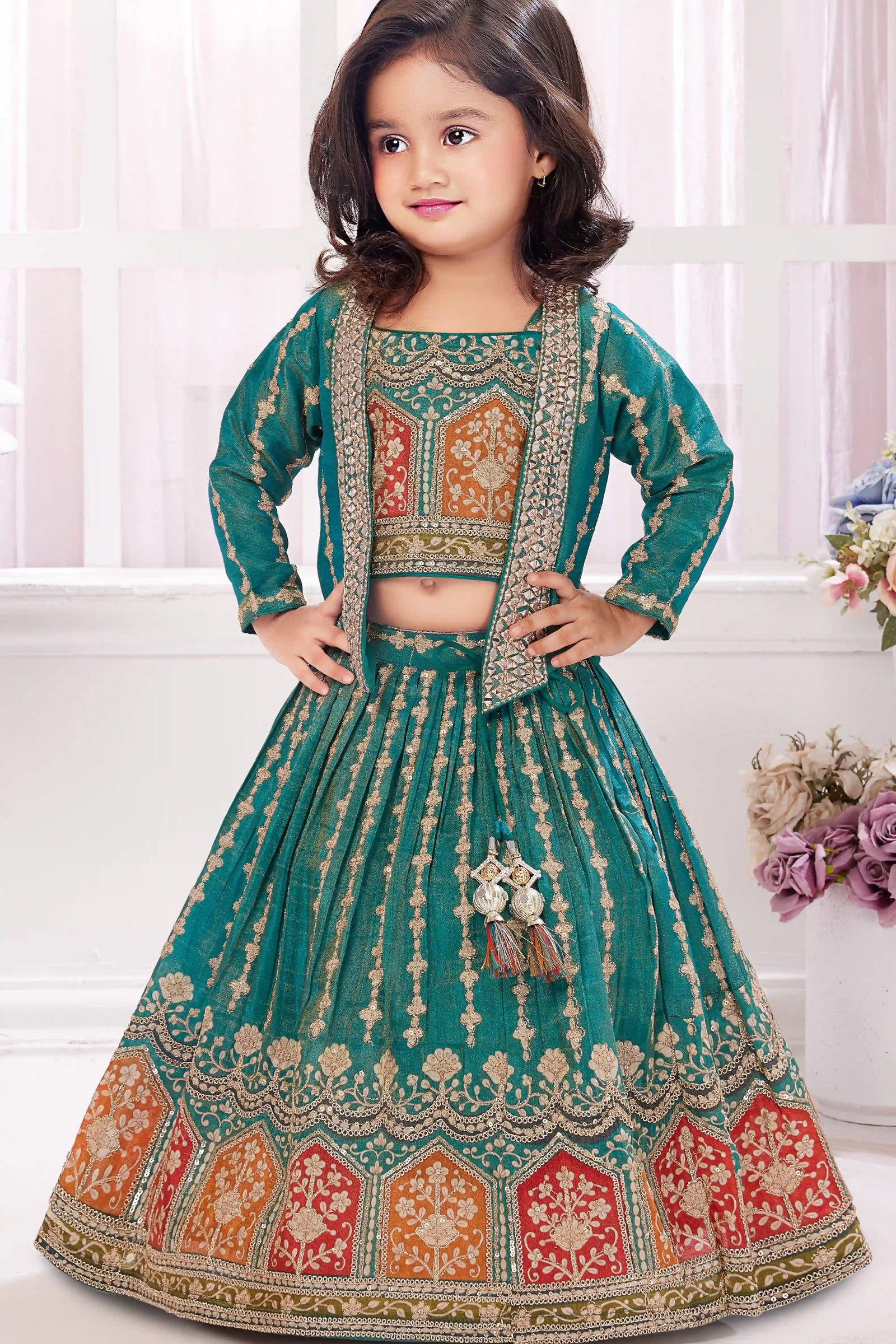 Green Embroidered Lehenga Set with Embellished Jacket For Girls
