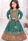 Green Embroidered Lehenga Set with Embellished Jacket For Girls