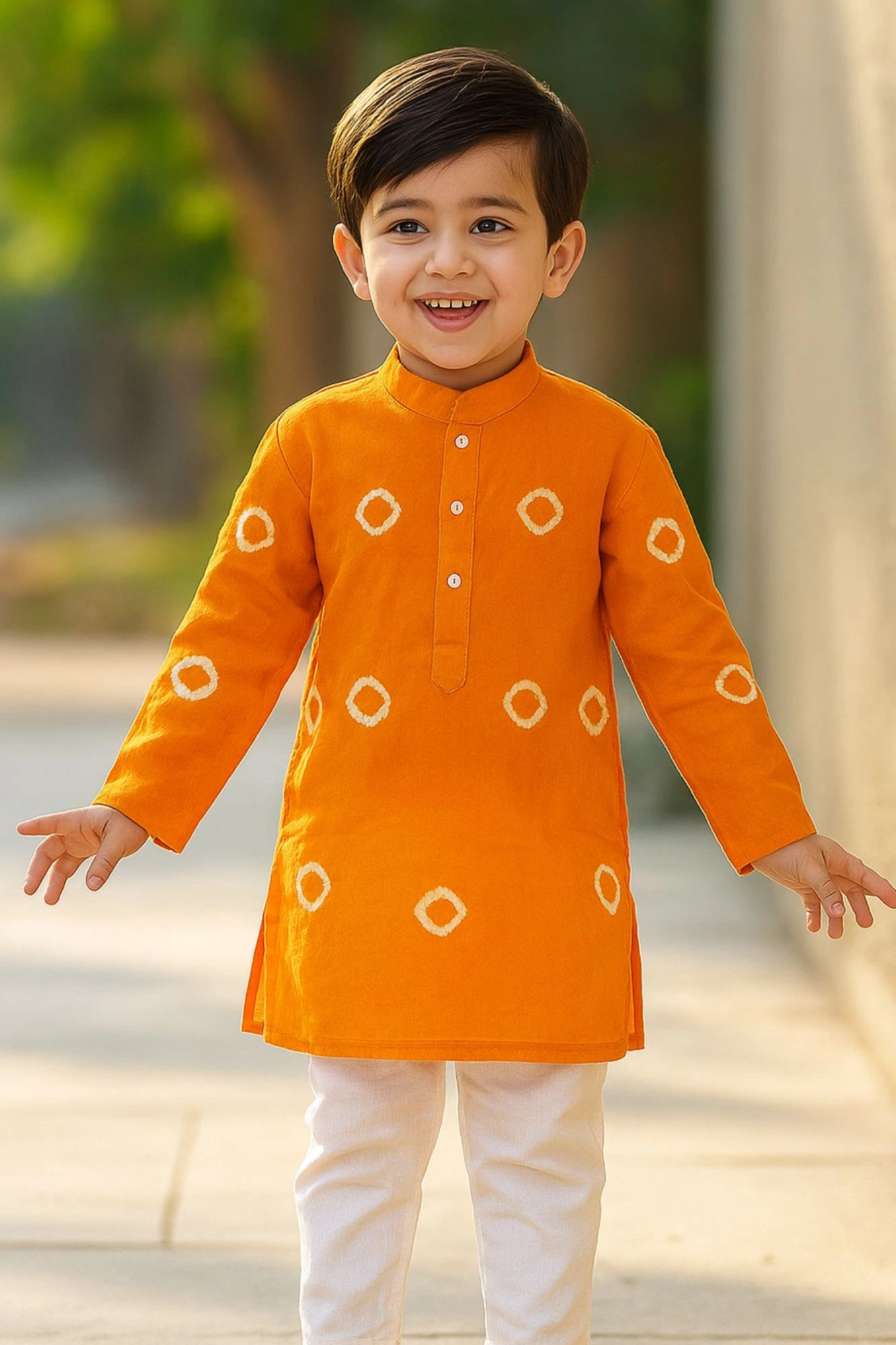 Classic Orange Bandhini Printed Kurta with White Pajama Set For Boys