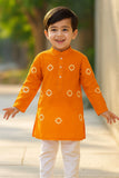 Classic Orange Bandhini Printed Kurta with White Pajama Set For Boys
