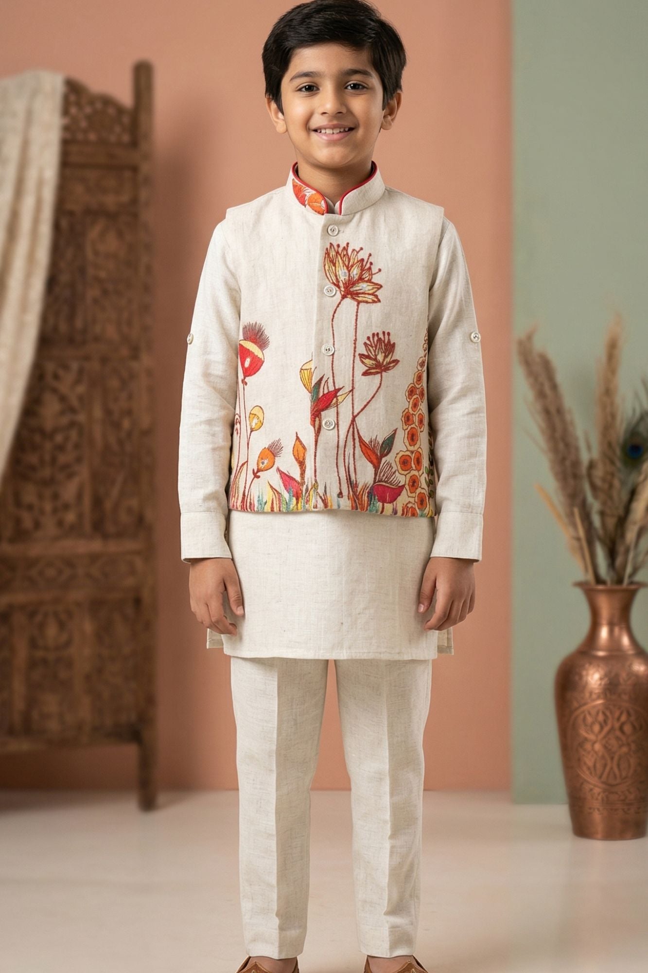 Boys Beige Kurta Pajama Set with Floral Printed Nehru Jacket