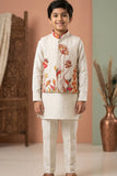 Boys Beige Kurta Pajama Set with Floral Printed Nehru Jacket