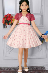 Rani Pink Printed Party Wear Frock With Crochet Overcoat For Girls