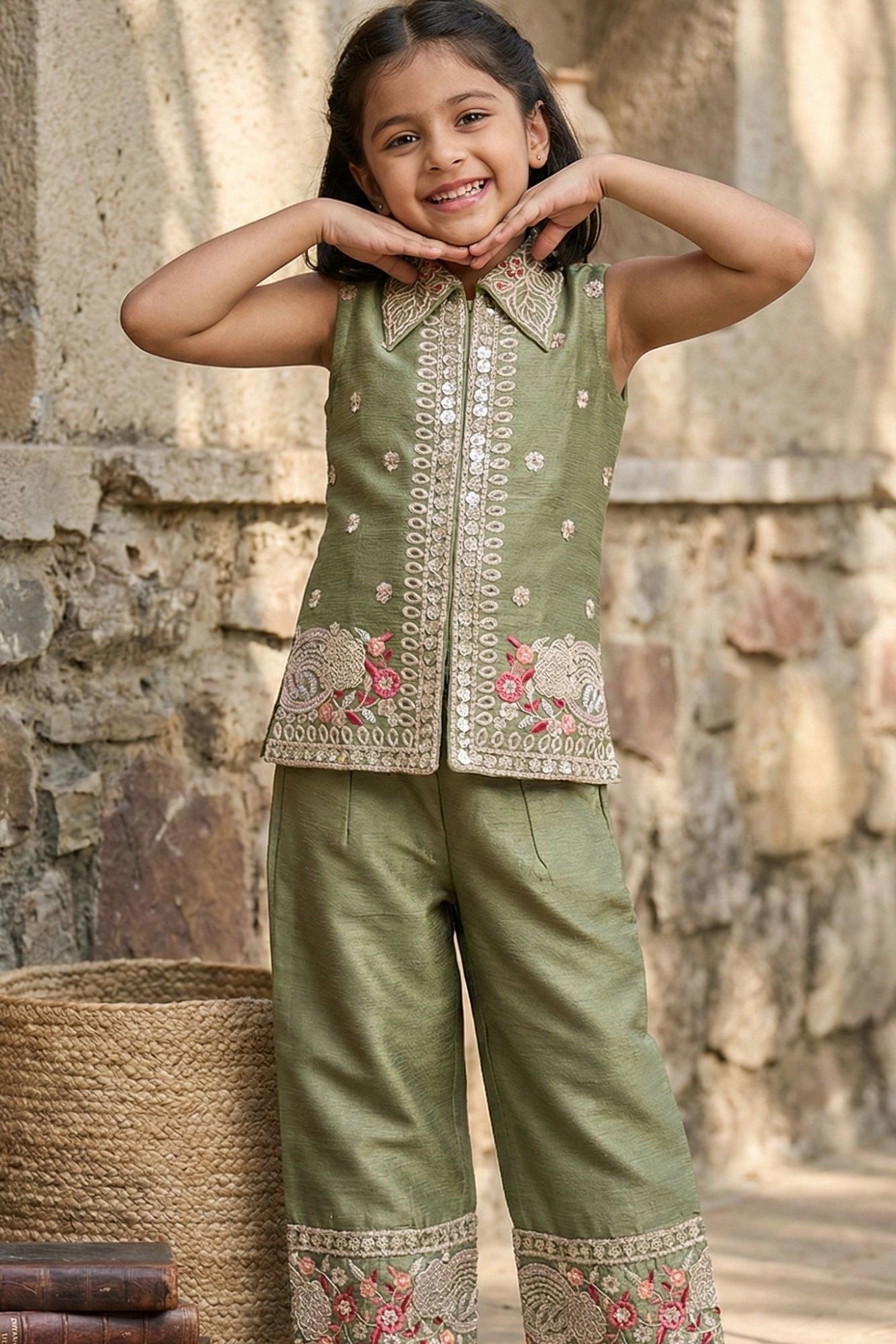 Olive Green Embroidered Palazzo Set for Girls