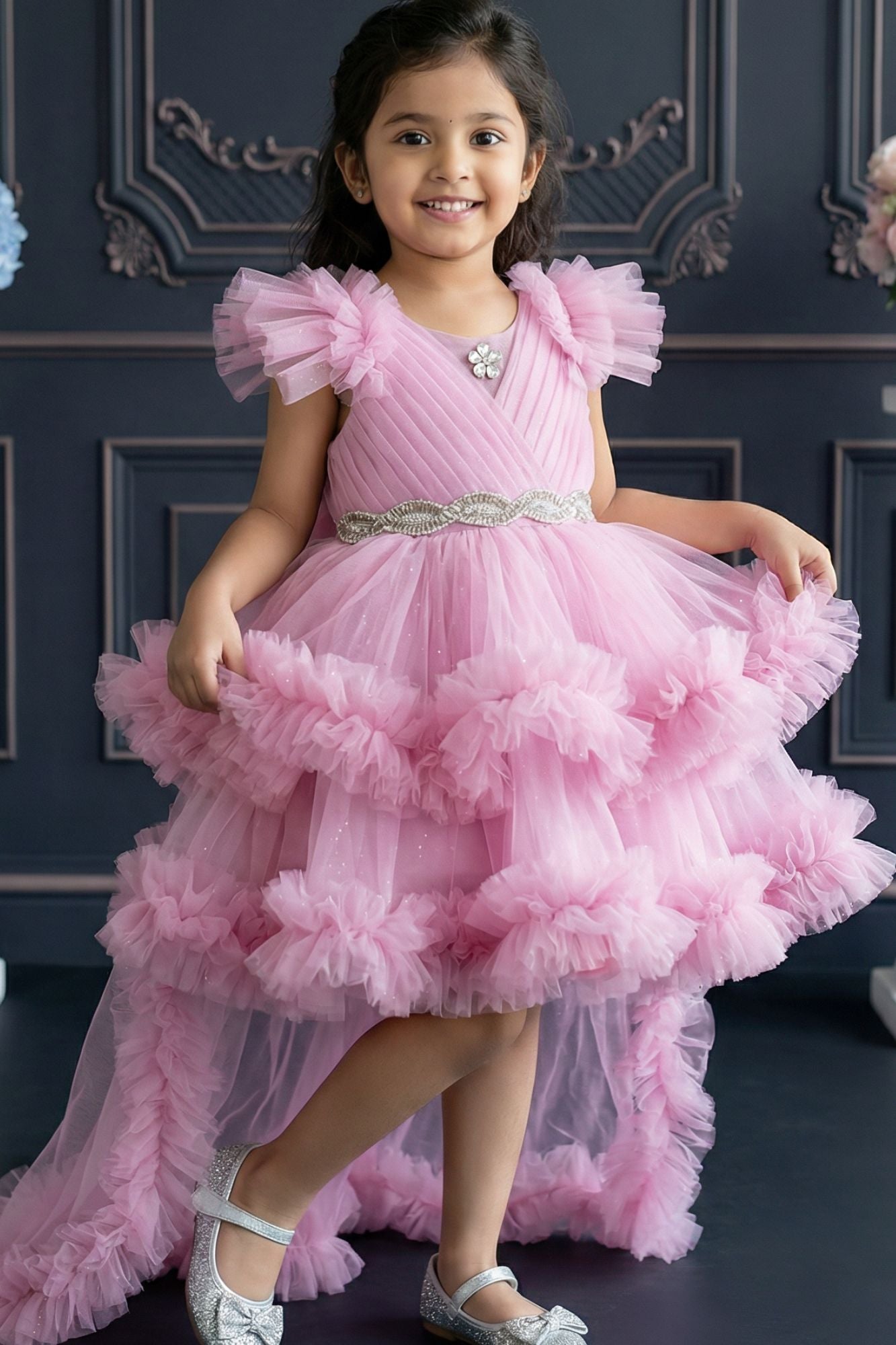 Pink Layered Ruffle High-Low Party Wear Frock For Girls