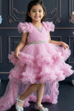 Pink Layered Ruffle High-Low Party Wear Frock For Girls