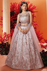 Onion Pink Sequins Embroidered Lehenga Choli Set For Girls