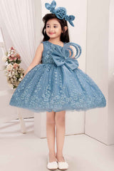 Blue Frock With Bow Embellished And Shimmer Printed For Girls