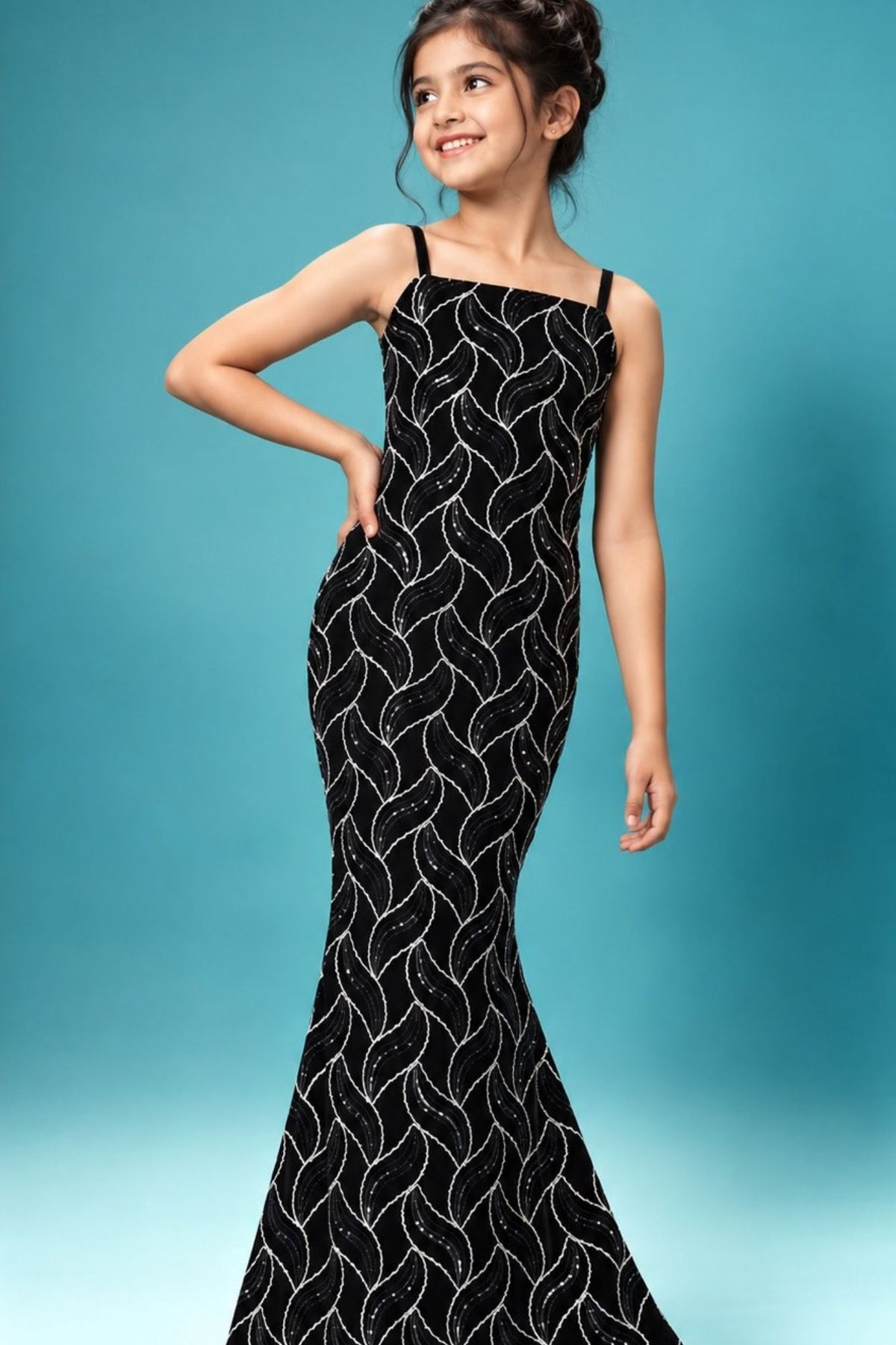 Black and Silver Leaf Sequin Party Wear Gown With 3D Bow Appliqué For Girls