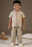 Beige Printed Night Suit Set For Boys