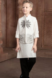 White Kurta Set with Black Printed Jacket & Black Pajama For Boys