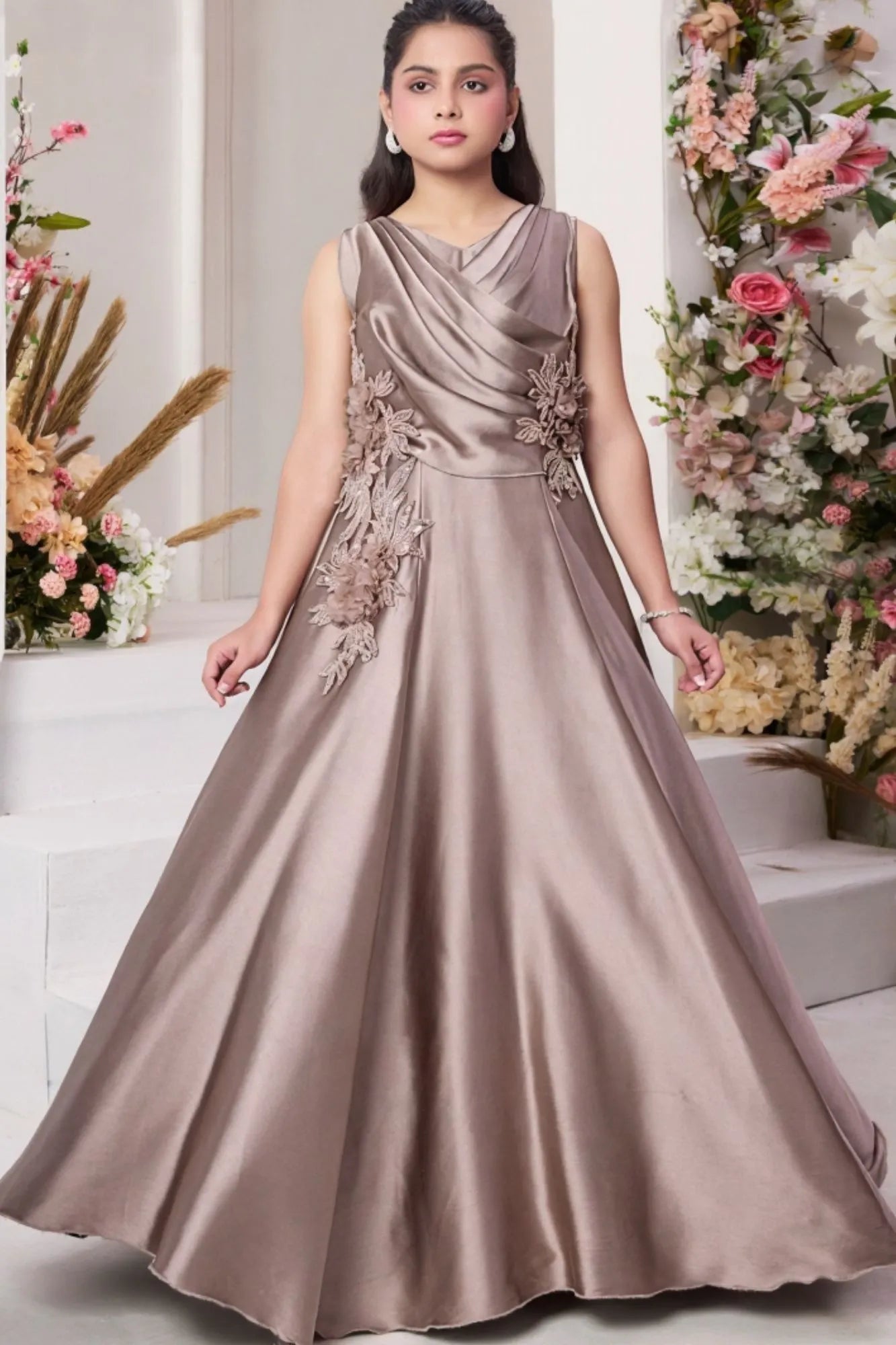 Gold Gown with Draped Bodice and 3D Floral Appliqué Embroidery For Girls