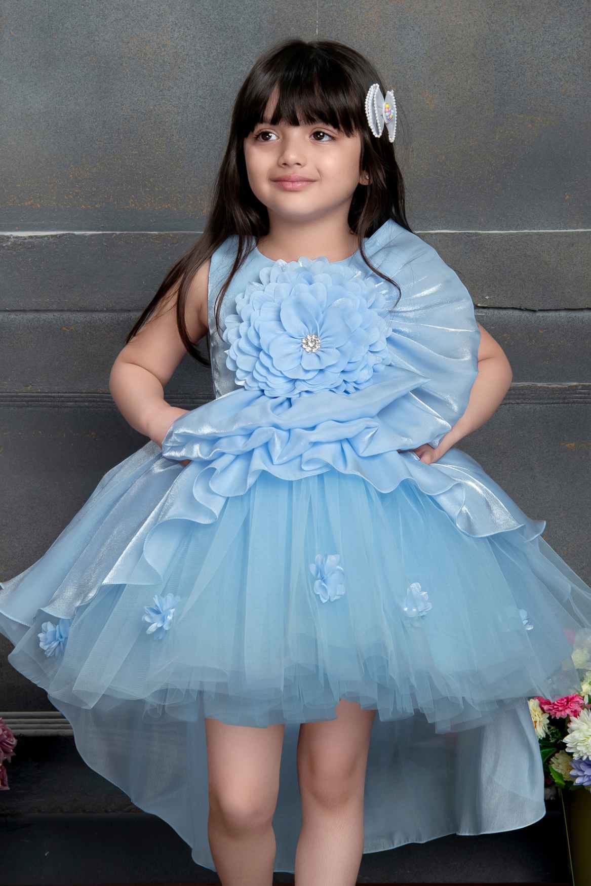 Designer Sky Blue Net Frock With Floral Embellishments For Girls