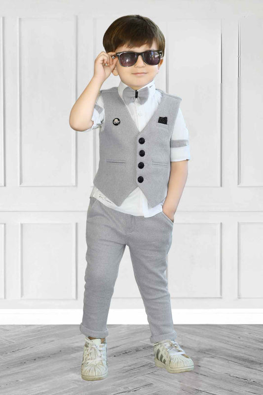 White Shirt With Grey Bow And Waist Coat Set For Boys